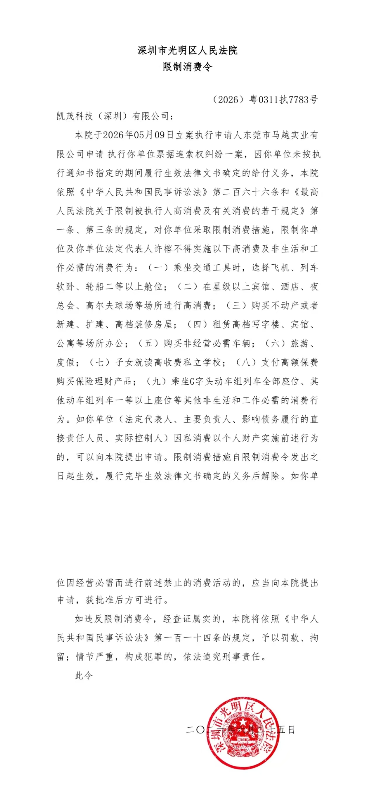 深圳市光明区人民法院限制消费令截图